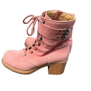 Bijou Pink Suede Lace Up Combat Boots Buckle Straps and Chunky Heel Size 9.5M